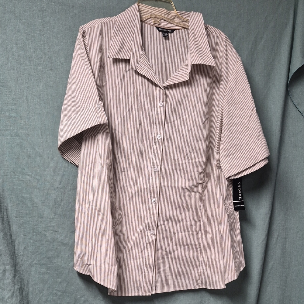 George Womens Casual Striped Button Down Shirt - Off White and Tan 3xl